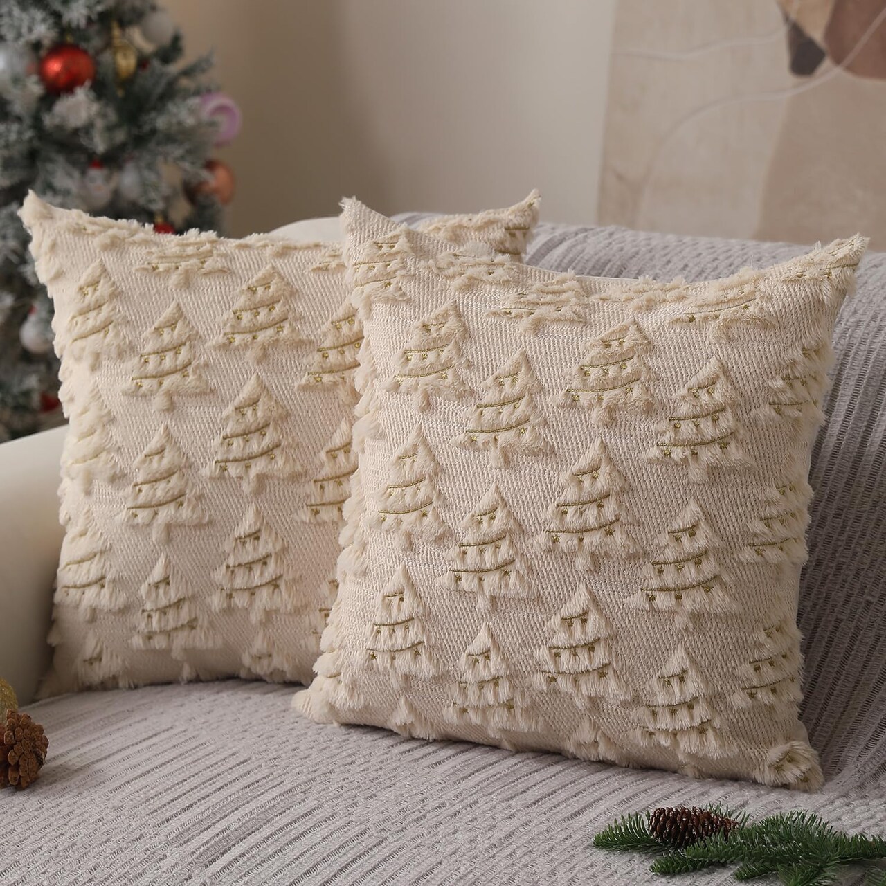 Christmas Pillow Covers 18x18 inch Set of 2 Christmas Decorations Soft Plush Faux Fur Beige Christmas Tree Embroidered Christmas Lights Throw Pillow Covers Winter Holiday for Sofa Living Room